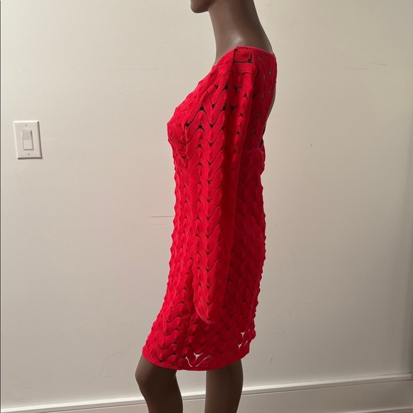 Free People wild thing red mini dress lace crochet knit longsleeve Medium M - Picture 5 of 9